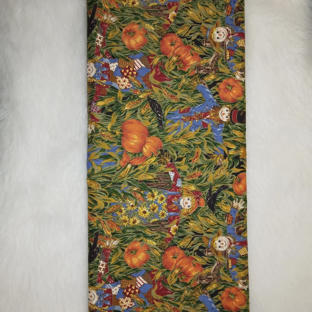 FABRIC Cotton Autumn Halloween Scarecrows and pumpkins in the corn field